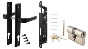 ZESTAW KOMPLET DO FURTKI  BRAMKI OGRODZENIA ZAMEK KLAMKA WKŁADKA  90MM MATI