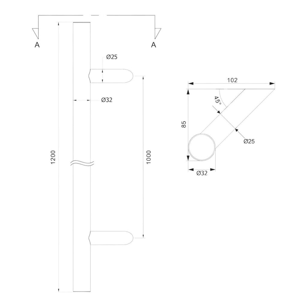 Pochwyt antaba dwustronny okrągły 45°, 32x1200mm aisi304 uniwersalny satyna 6