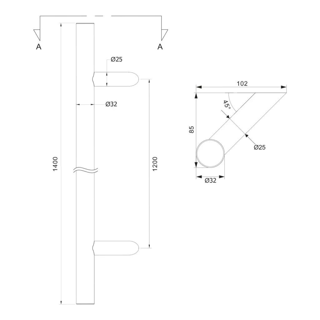 Pochwyt do drzwi dwustronny okrągły mocowanie 45° –32x1400 mm AISI304 uniwersalny czarny 7