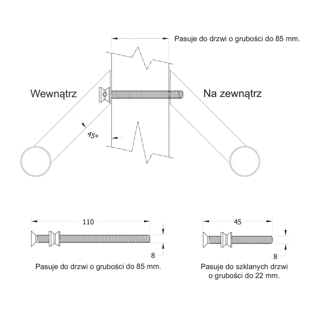 Pochwyt do drzwi dwustronny okrągły mocowanie 45° –32x1400 mm AISI304 uniwersalny czarny 8