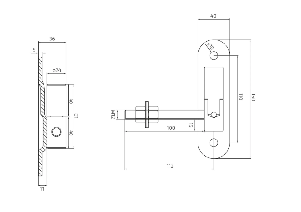 Zawias regulowany toczony fi 24+M12 z kulą i szyldem 150 x 40 mm 2