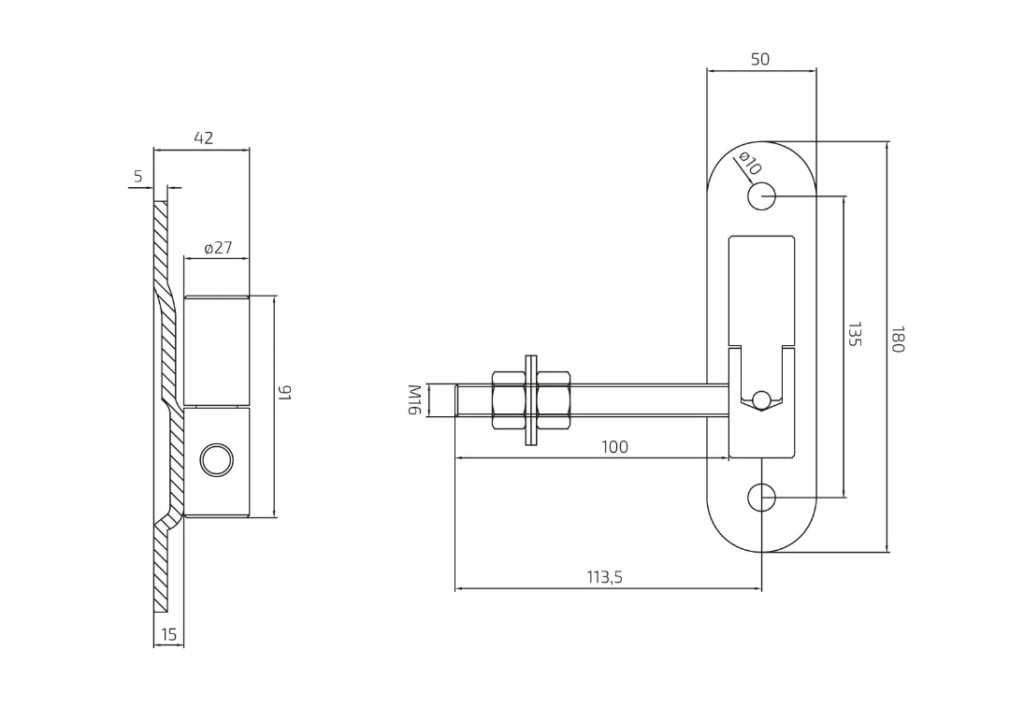 Zawias regulowany toczony fi 27+M16 z kulą i szyldem 180 x 50 mm 2