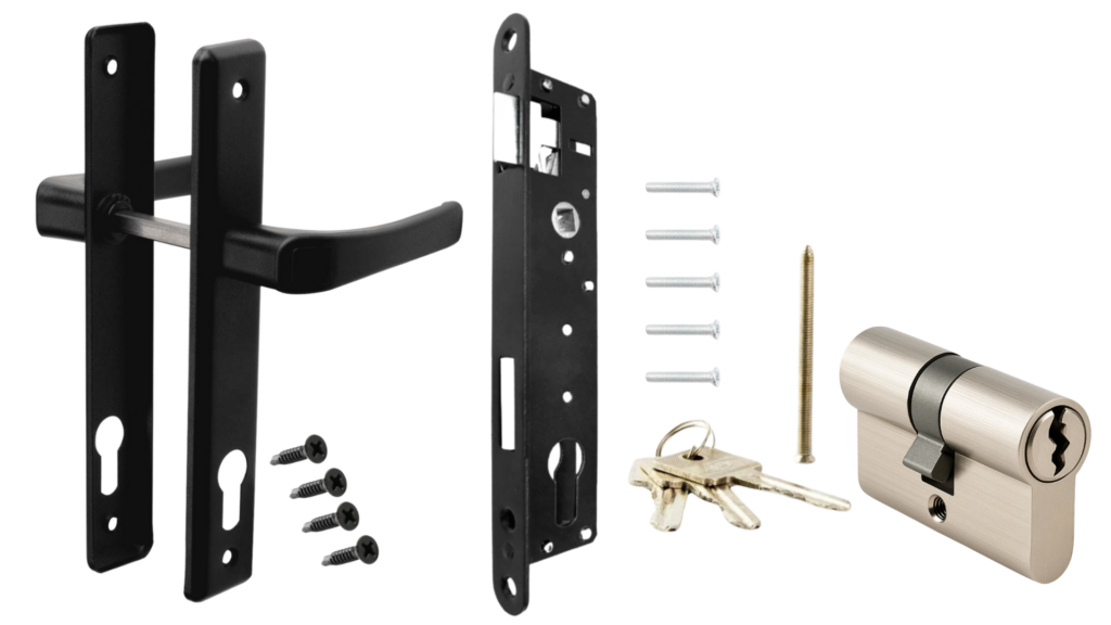 ZESTAW KOMPLET DO FURTKI BRAMKI OGRODZENIA ZAMEK KLAMKA WKŁADKA 90MM MATI